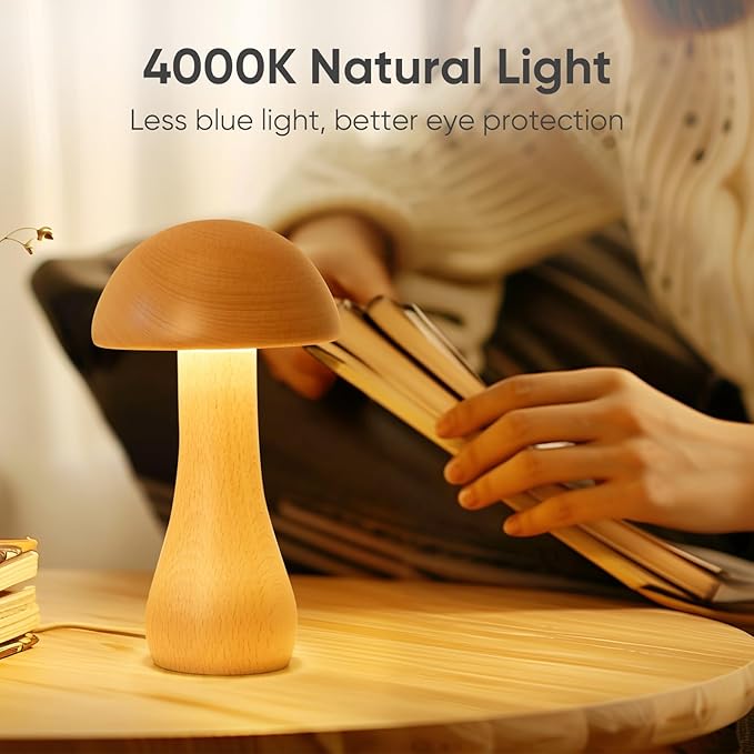 2 Pack Wooden Mushroom Lamp, Portable Cordless Small Rechargeable Battery Operated Lamp,Stepless Dimming,Night Light for Birthday Gifts