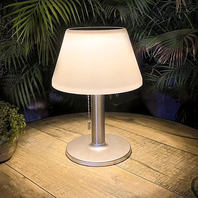 shumi Solar Table Lamp Outdoor Indoor - 3 Lighting Modes, Eye-Caring LED Waterproof Cordless Solar Desk Lamp with Pull Chain for Outside Patio Garden Bedroom Living Room(White Modern Decor)