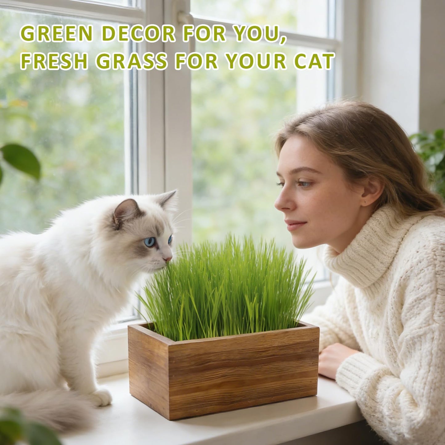 Cat Grass Kit for Indoor Cats with Wooden Planter - 5 Pack Cat Grass & 5 Coconut Soil, Complete Planting Tools, Water Sprayer, Scissors, Bonus Cat Gifts - Natural Wheat Grass for Hairball Control
