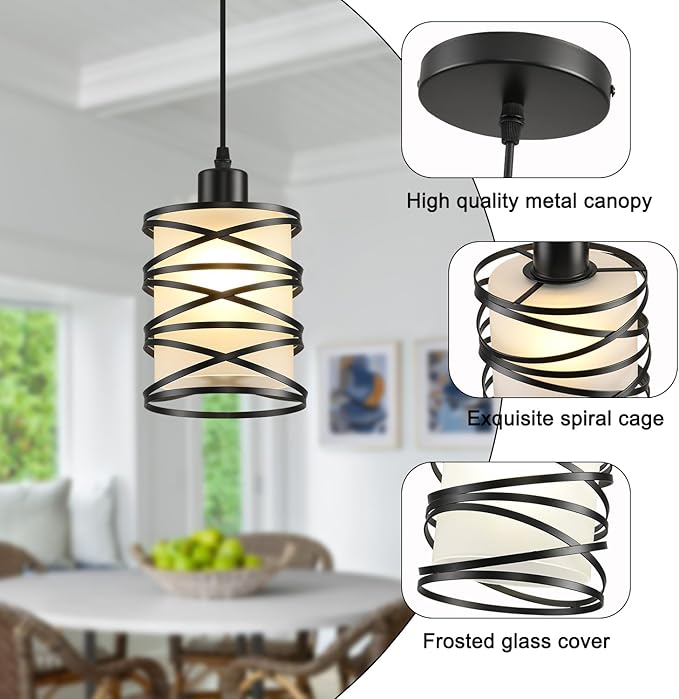 3 Pack Pendant Light Kitchen Island Pendant Lighting, Hanging Light with Spiral Cage Frosted Glass Shade, Black Modern Indoor Hanging Lamp