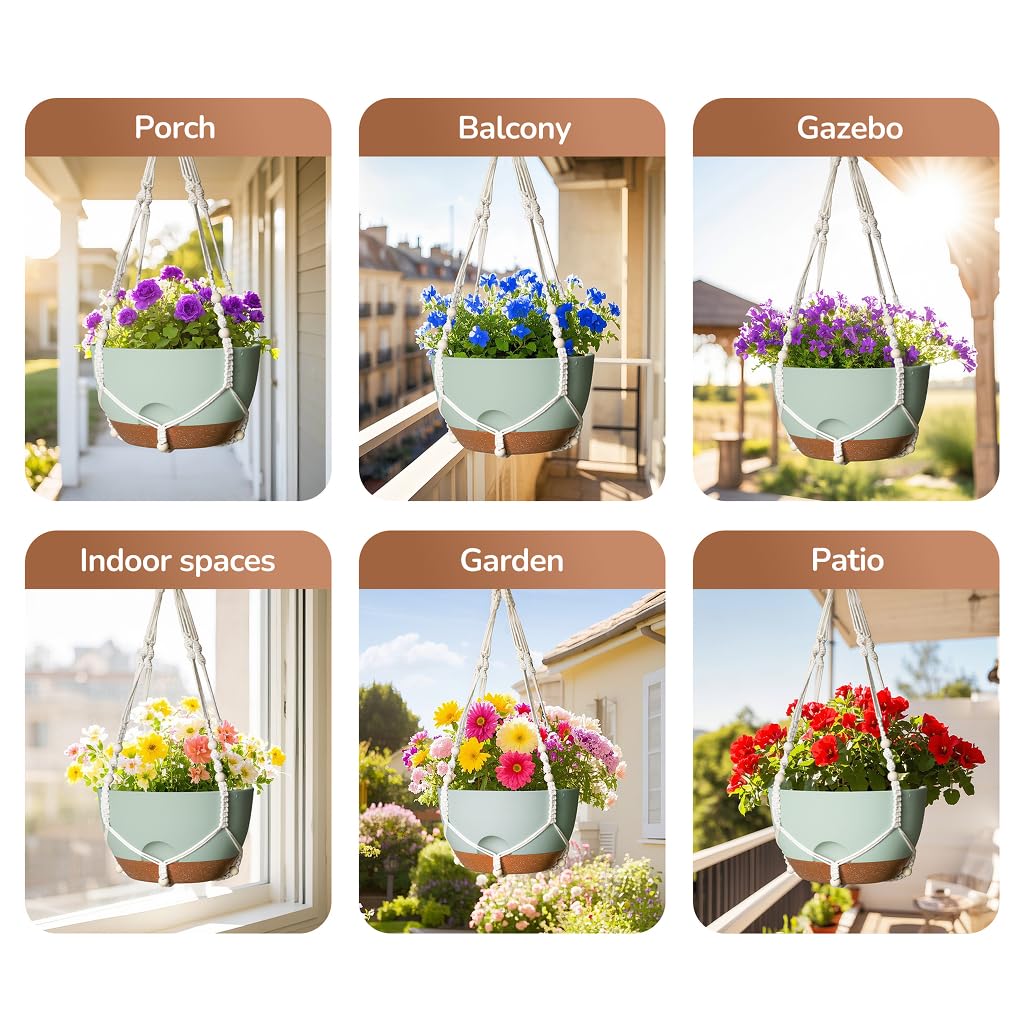 LESOASIS 12 Inch Hanging Baskets for Plants Outdoor, Hanging Planters for Indoor Outdoor Plants, Hanging Planter with Self Watering, Hanging Flower Pots (Green Planter with Macrame + Iron Hangers)