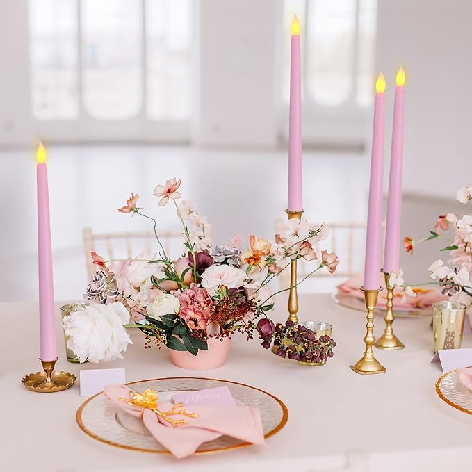 Pink Flameless Taper Candles with Remote, Flickering Battery LED Candlesticks Spring Home Decor Set of 6