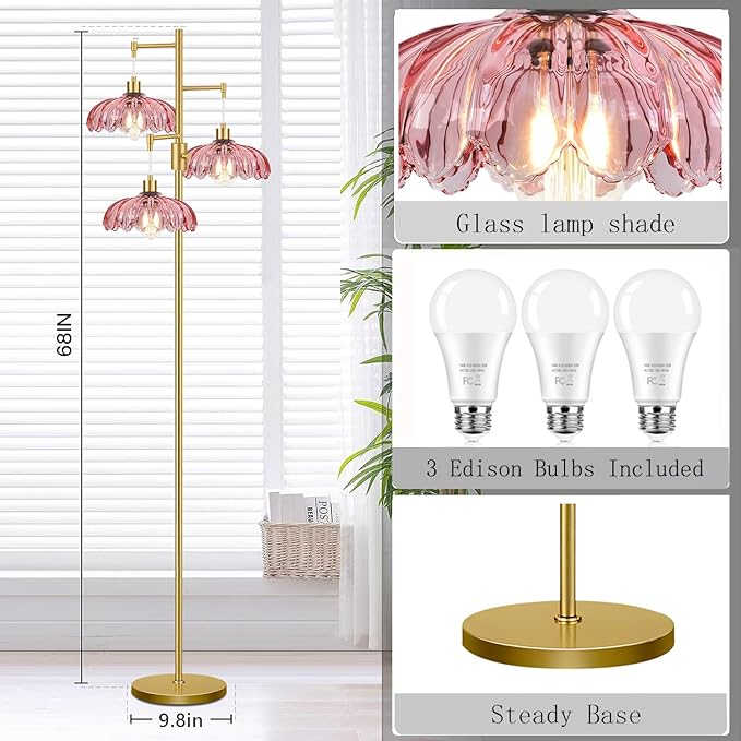 Gold Floor Lamps for Living Room-3 Light Dimmable Floor Lamp with Three Bulbs & Glass Lampshape, Mid Century Modern Standing Lamp Tree Tall Flower Floor Lamp for Bedroom Living Room,Corner