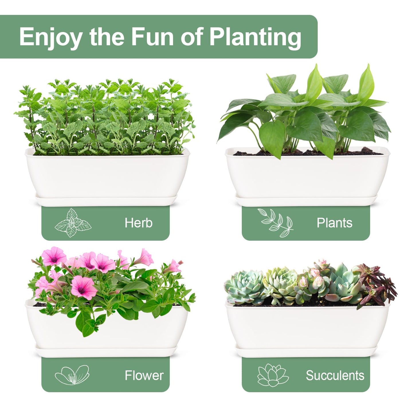 Oliz 4-Piece White Rectangular Window Sill Planters with Drainage Holes and Trays (11 Inches) for Basil, Orchids, and Succulents Modern Herb Garden Planters Suitable for Indoor/Outdoor Plants