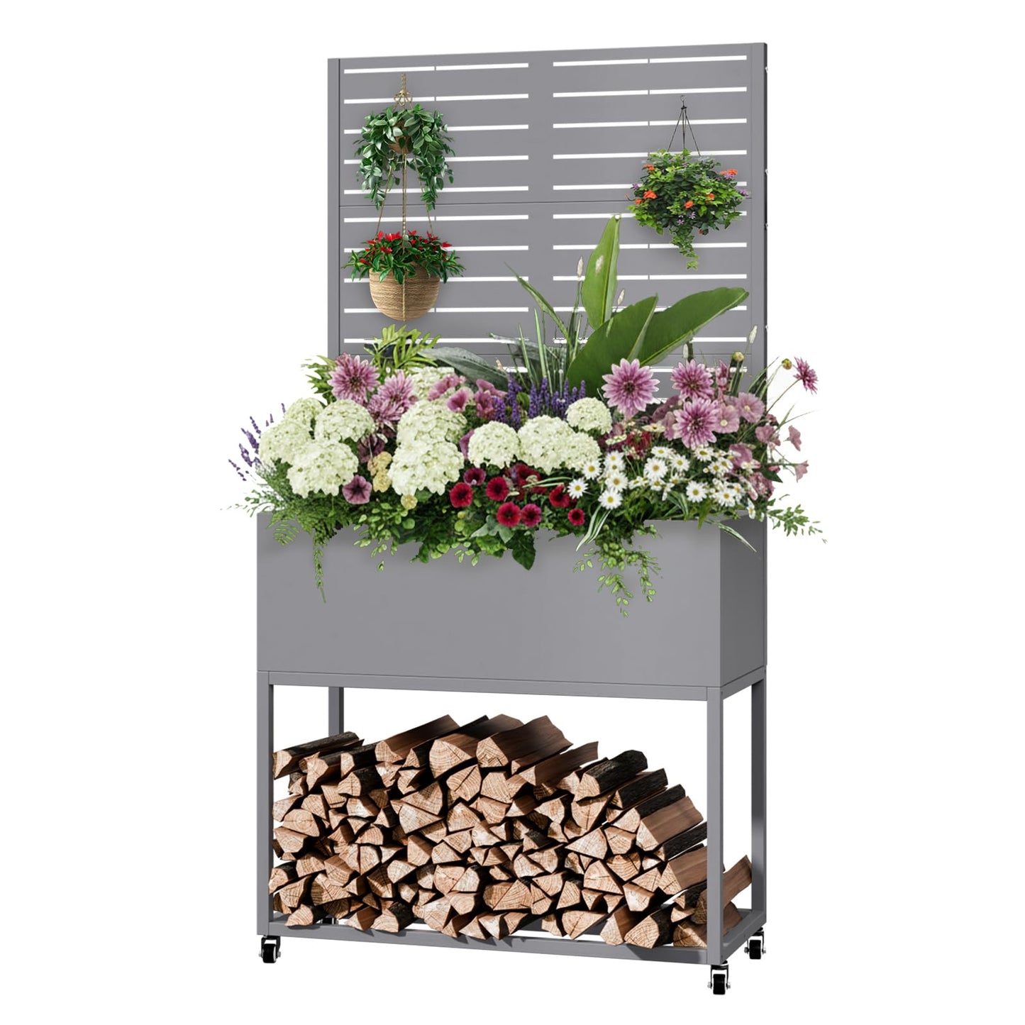 Diyfire Metal Planter Box with Trellis, 67"x35"x16"Metal Raised Garden Bed with Drainage Holes, Raised Garden Beds Outdoor, Privacy Planters Trellis for Climbing Plants, Patio,Garden, Wheels, Grey