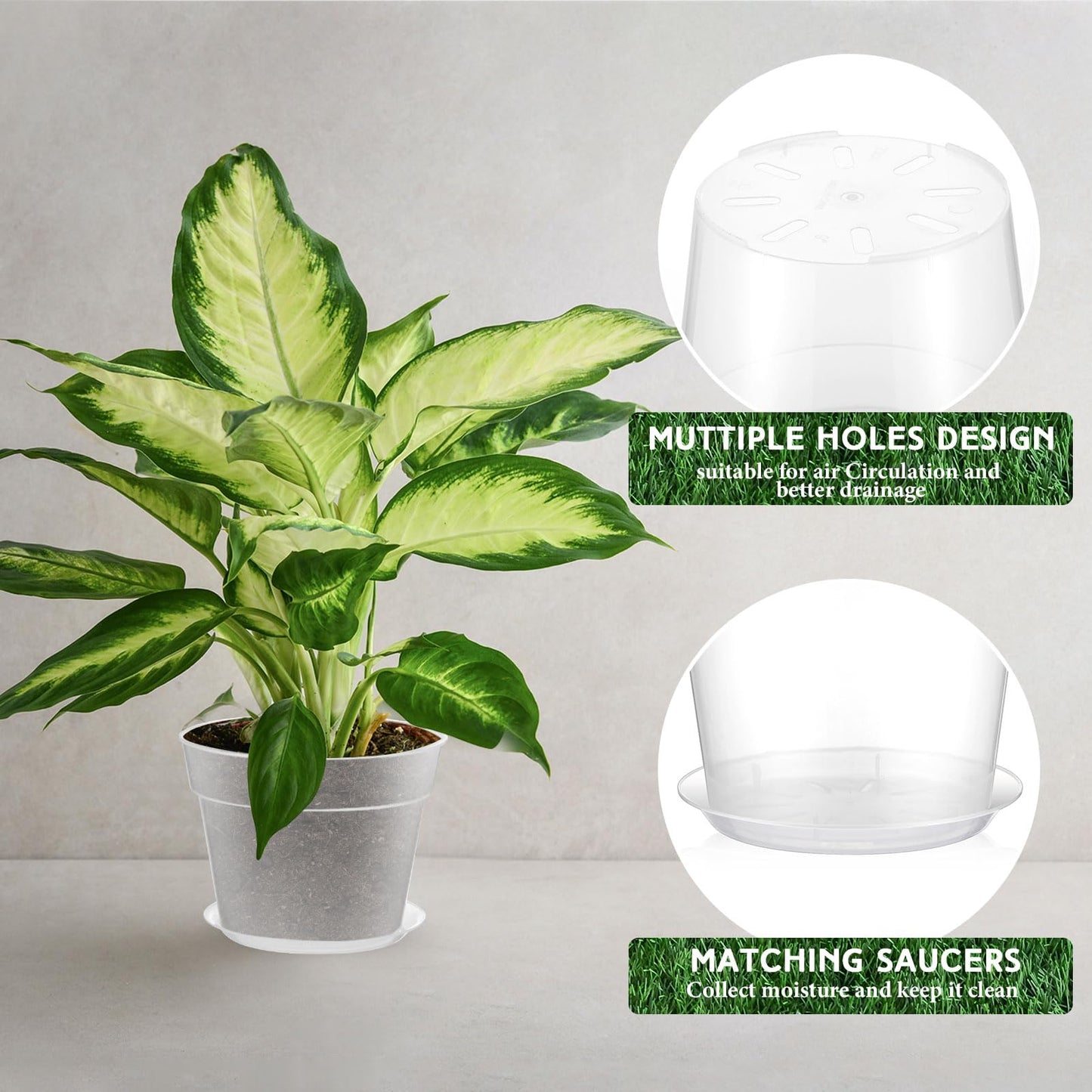 Baderke 3 Pack Clear Nursery Pot Plastic Nursery Pot Large Plant with Drainage Holes for Root Health Indoor Outdoor (13.65 Inch)