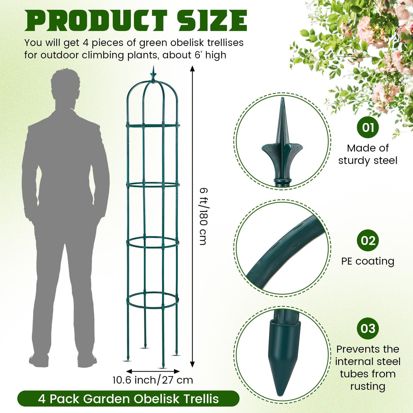 Tandefio 4 Pack 6 ft Garden Obelisk Trellis for Climbing Plants Outdoor Rustproof Rose Trellis Metal Plant Trellis Support Tower Obelisk Garden Trellis for Clematis Vine Jasmine Support Outdoor Indoor