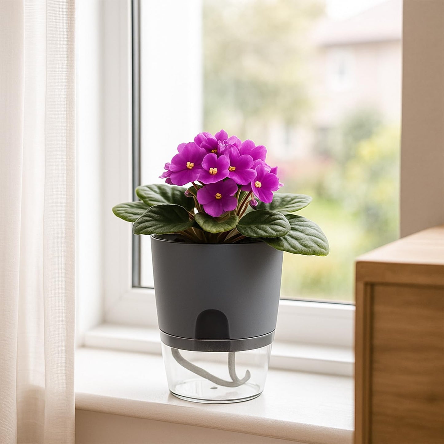 Planterhoma 6 Pack Self Watering Pots for Indoor Plants, 3.2/4/6 Inch Plant Pot Plastic Self Watering Planter for Orchid, African Violet, Small Clear Flower Pots with Drainage Holes and Wicking, Grey