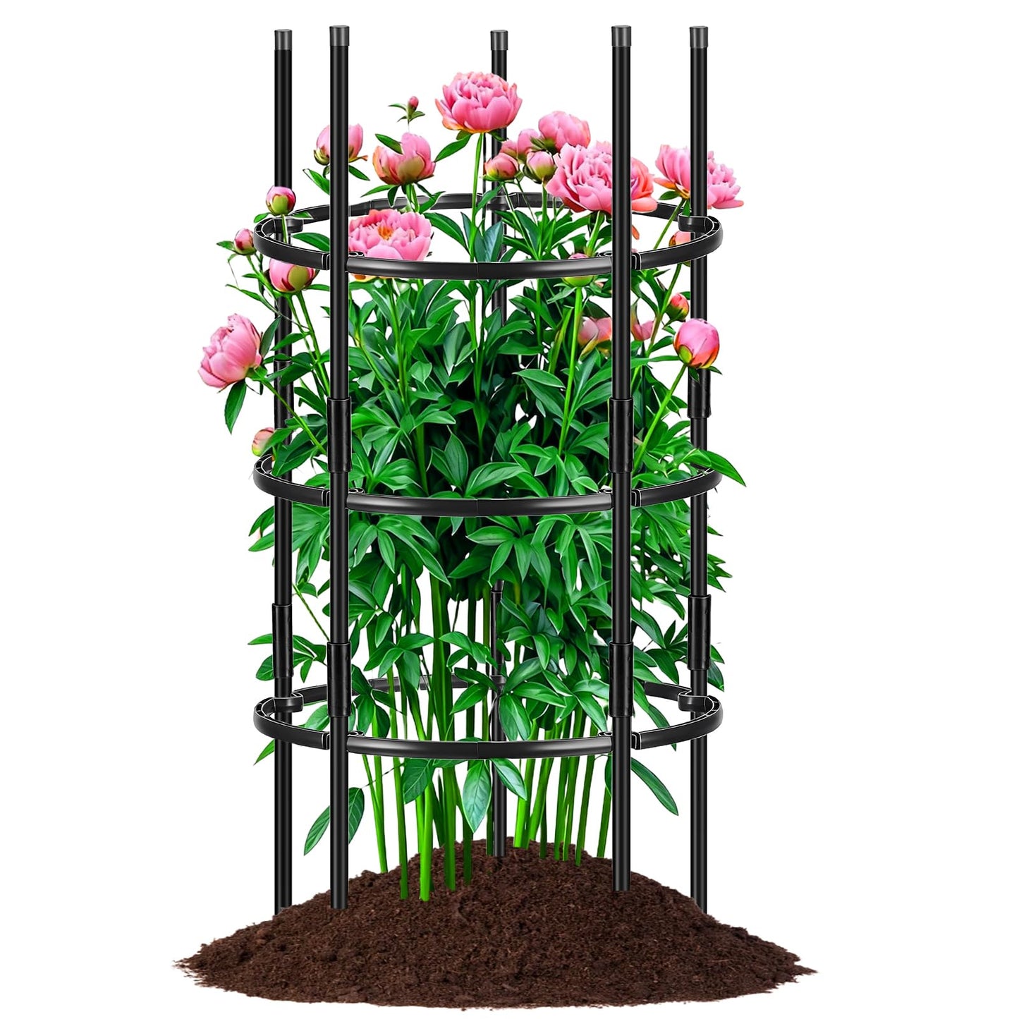 ComfyKit 19.5" D x 39" H Peony Plant Support Cage, 3 Tier Stackable Plant Support Ring, Metal Core with PVC Coated Stakes, Garden Plant Support for Peonies Tomatoes and Climbing Plants