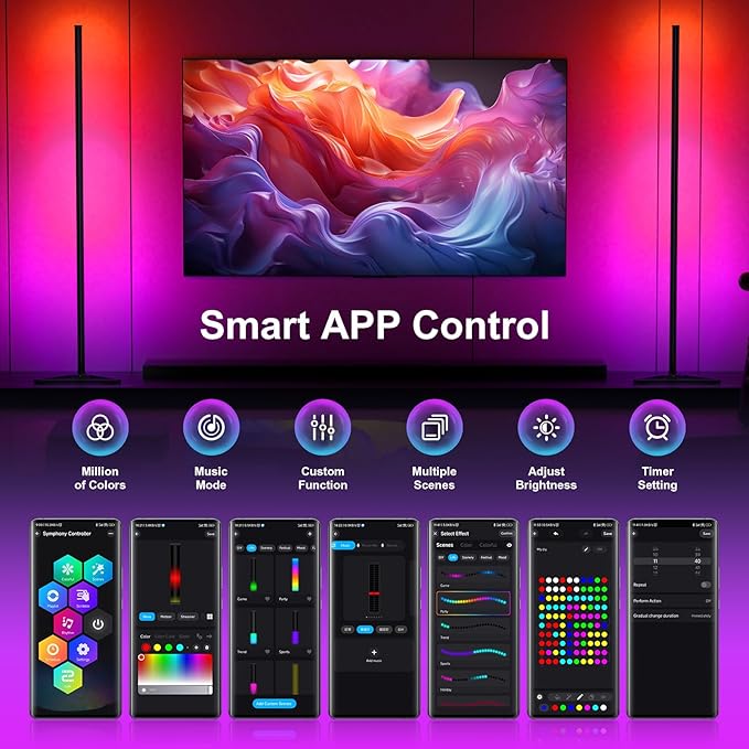 Corner Floor Lamp, 1 Pack LED Corner Lamp with APP and Remote Control, 16 Million DIY Colors & Warm White, Music Sync, Timing Function, Color Changing Ambient Lights for Living Room, Bedroom, Gaming