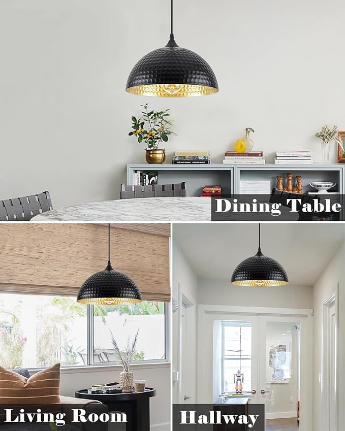 Hammered Dome Pendant Light 1 Pack, Black and Gold Pendant Light,12 Inch Metal Industrial Pendant Lights, Kitchen Island Pendant Lights for Kitchen, Dining Room, Bar