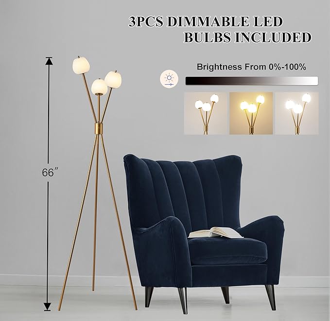Fiqevs Dimmable Tripod Floor Lamp for Living Room, 3 Globe Modern Gold Floor Lamp with Elegant Frosted Sphere Glass Shade and LED Bulbs, Standing Tall Lamp for Bedroom, Office - Antique Brass