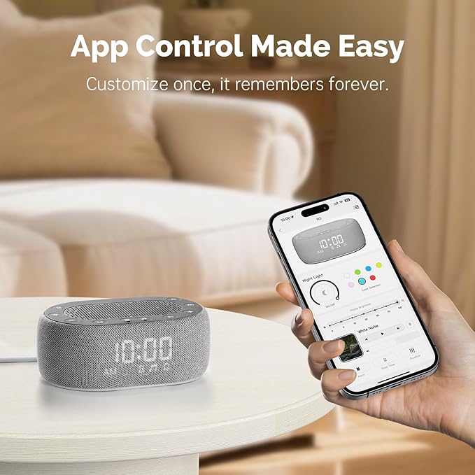 1Mii White Noise Sound Machine with Alarm Clock, Sound Machine for Sleep for Adults Baby, 30 Soothing Sounds, Smart App Controlled, Dimmable 7-Color Night Light, Sleeping Timer, 30 Volume Levels