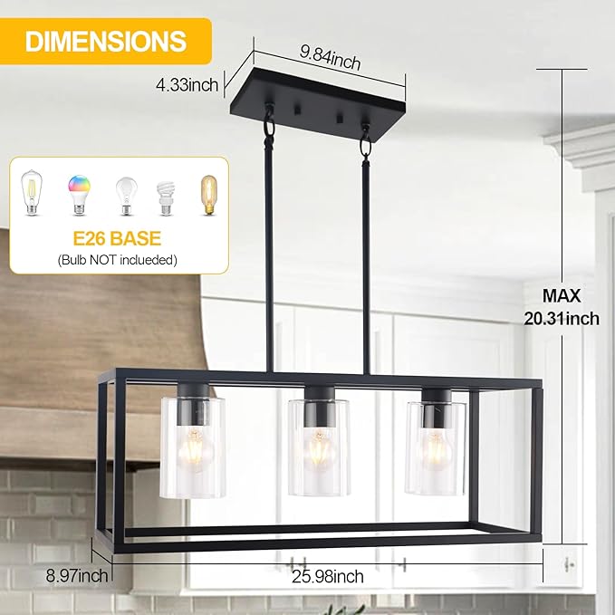 Kalium Chandeliers for Dining Room, 3 Light Dining Room Light Fixture Modern Metal Industrial Kitchen Lighting Fixtures Ceiling Easy Installation Pendant Lights for Bar Restaurant-E26 Socket, Black