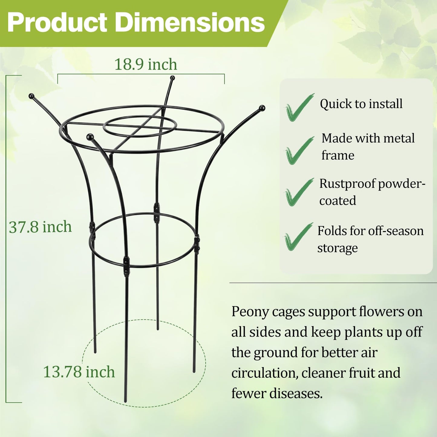 HEYTIMI 1 Pack Large Peony Cages and Supports, 38" H x 19" D Tall Heavy Duty 5mm Black Metal Garden Stakes for Outdoor & Indoor Plants, Sturdy Rust-Resistant Frame for Peonies Roses Flowers