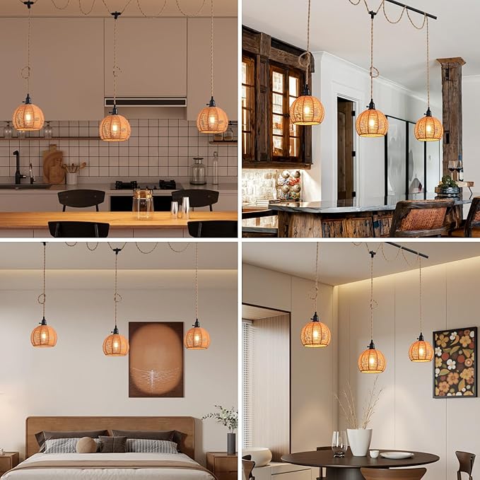 3-Light Hanging Light with Plug in Cord,Plug in Pendant Light 22ft Hemp Rope Pendant Lighting Vintage 3-Light Hanging Lamp Fixtures for Kitchen Island Living Room Bedroom