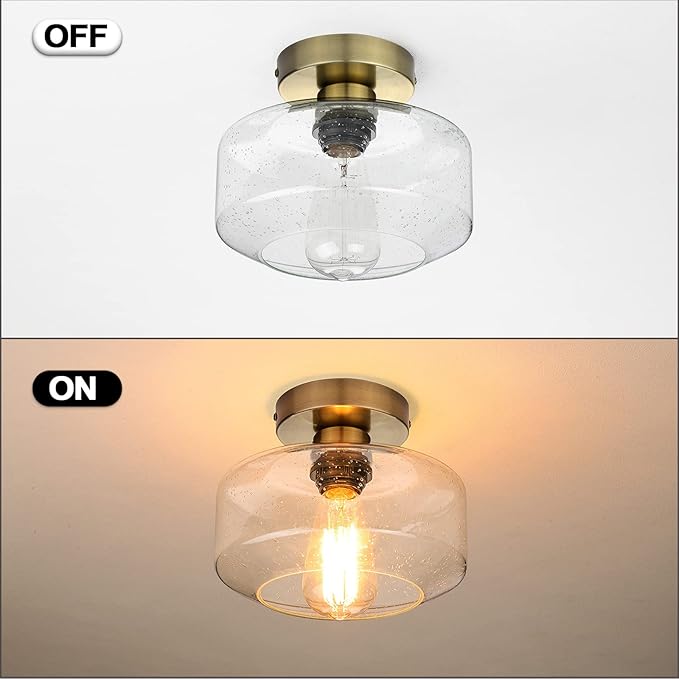 SunRider Industrial Semi-Flush Mount Ceiling Light Fixture, Seeded Glass Pendant Lamp, Brass Farmhouse Lighting for Hallway Porch Corridor Bedroom