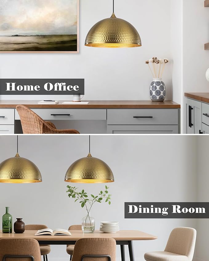 Gold Pendant Light 16 inch, Hammered Large Dome Pendant Light, Industrial Farmhouse Pendant Lights Kitchen Island, Gold Island Pendant Lights for Kitchen, Dining Room Living Room 1 Pack