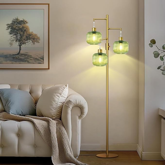 Floor Lamp for Living Room, Dimmable Standing Lamp with Green Glass Shade, Modern Gold Tall Lamps for Bedroom, 3×600LM LED Bulbs Included