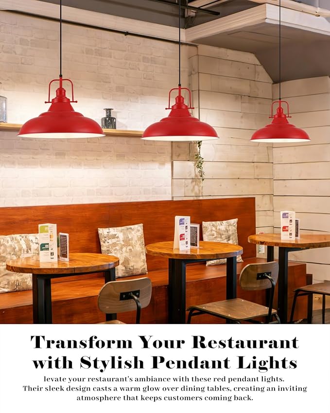 Red Pendant Light, 16 Inch Large Industrial Pendant Lights, Matte Red Pendant Lights Kitchen Island, Vintage Farmhouse Pendant Light for Kitchen Island, Dining Room, Hallway (1 Pack)