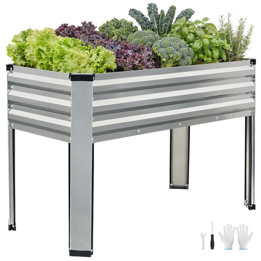 Galvanized Raised Garden Bed with Legs, 48x24x32in Elevated Raised Garden Bed Outdoor with Drainage Holes, Planter Boxes for Gardening Vegetable Flower Fruit in Backyard, Patio, Balcony (Silver)