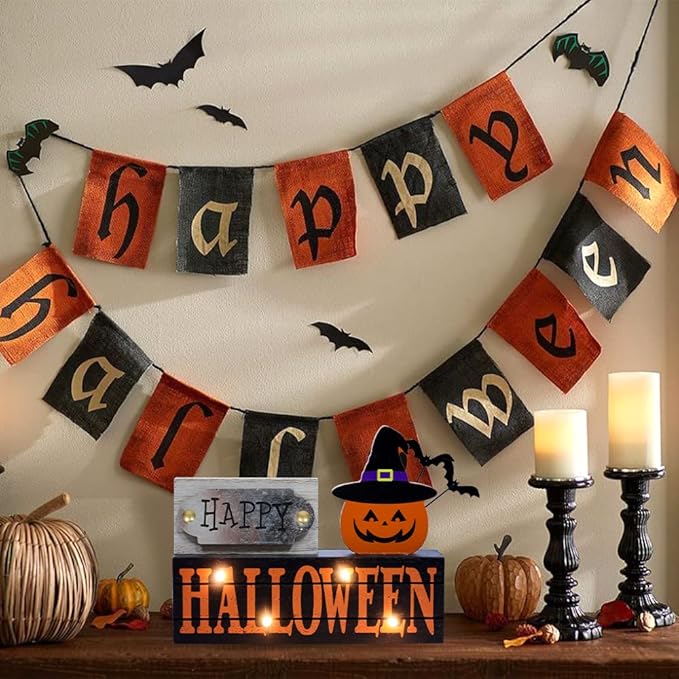 DECSPAS Halloween Decorations Indoor, Large Size 2-Layered Wood Block with LEDs and Pumpkin Face, Happy Halloween Sign Decorations for Home, Tabletop Gothic Decor for Party Shelf, Table, Mantel