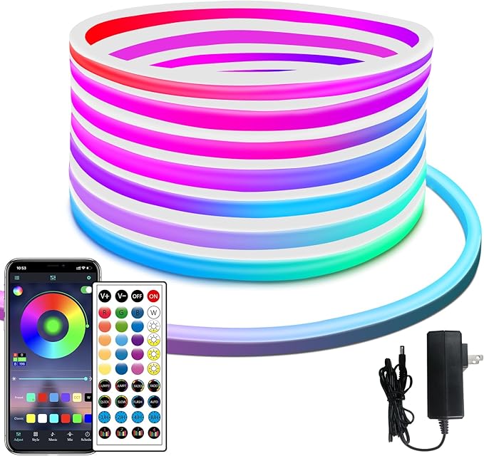 32.8ft LED Neon Strip Light with Remote APP Control IP65 Waterproof Flexible neon LED Rope Lights 24V RGB neon LED Lights for Bedroom Room Outdoors Décor
