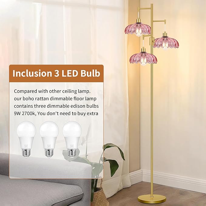 Gold Floor Lamps for Living Room-3 Light Dimmable Floor Lamp with Three Bulbs & Glass Lampshape, Mid Century Modern Standing Lamp Tree Tall Flower Floor Lamp for Bedroom Living Room,Corner