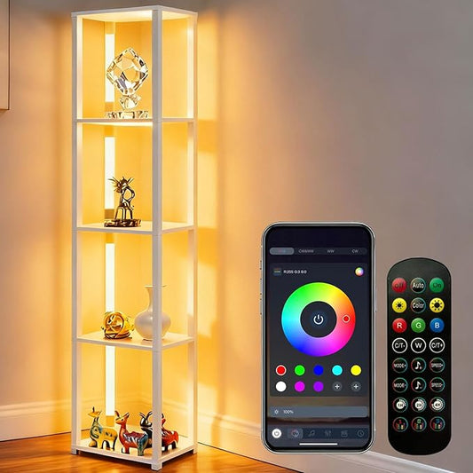 RGBCW Floor Lamp with Shelves, Smart Modern Floor Lamp with Music Sync, Color Changing Corner Display Shelf Lamp, Dimmable Standing Lamp for Living Room and Bedroom, Office, White