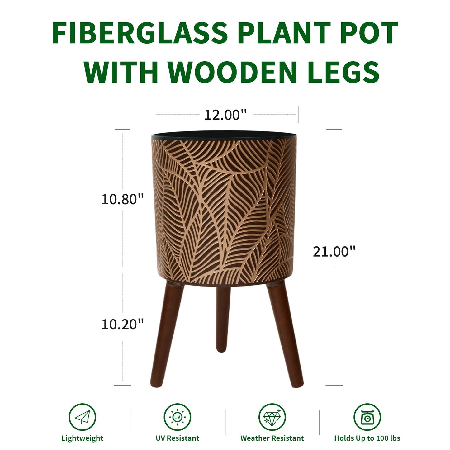 Opnons 12inch Black Plant Pots for Indoor Plants Large Boho Flower Pot with Stand Modern Planters with Gold Floral Embossed Standing Planter with Drainage for Living Room, Office, Garden or Balcony