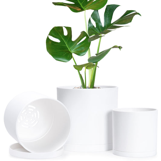 D'vine Dev 4.5 Inch 5.5 Inch 6.5 Inch, Set of 3 Plastic Planter Pots for Plants with Drainage Hole and Seamless Saucers, White Color, Small Plus, 74-V-A-2