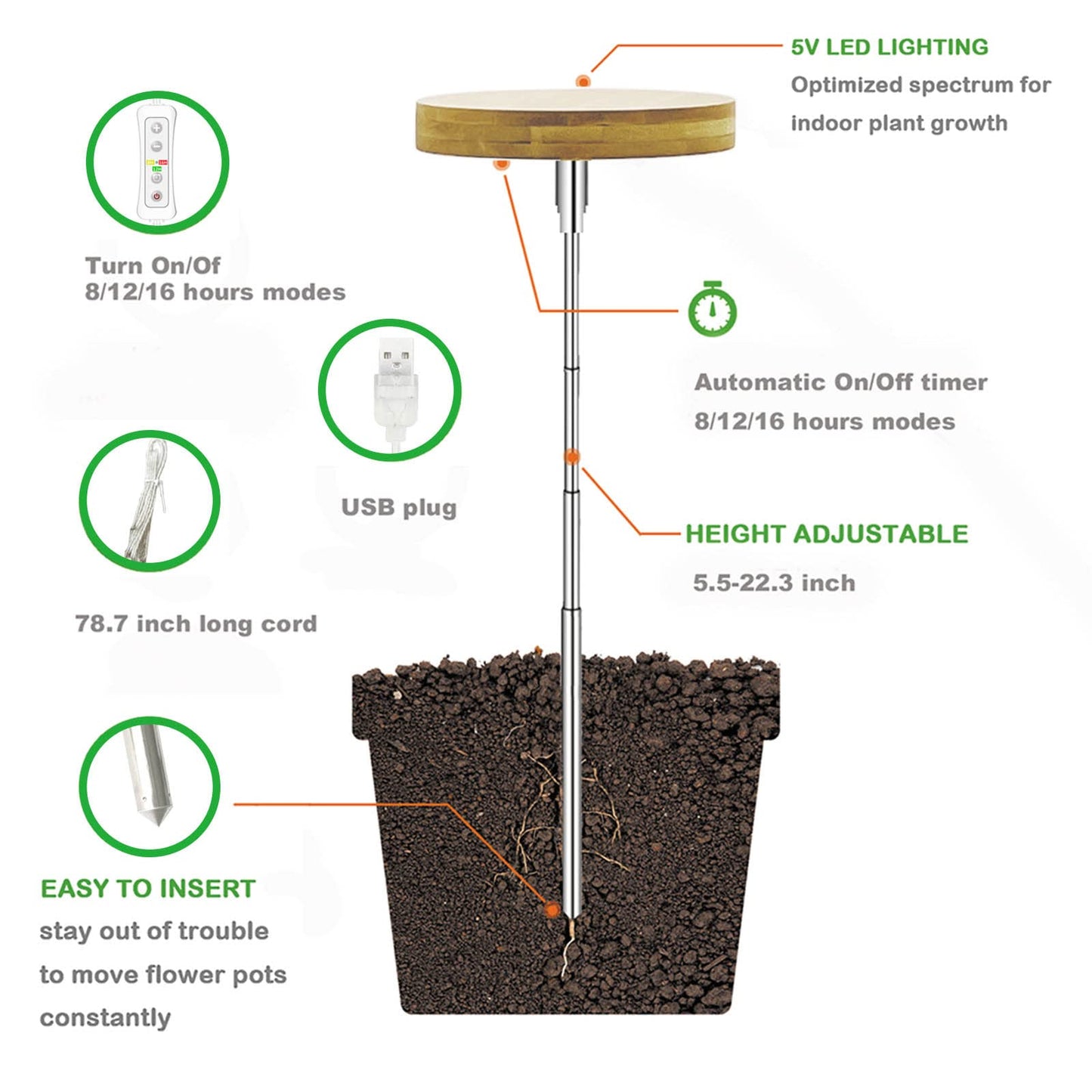 yadoker Plant Grow Light for Indoor Plant,Bamboo Mini LED Grow Light Garden,Height Adjustable,Automatic Timer with 8/12/16 Hours