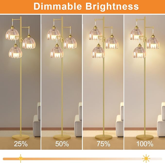 Gold Floor Lamps for Living Room Vintage Floor Lamp with Glass Lmapshape & Led Bulb,Dimmable Floor Lamps Brass Mid Century Modern Standing Lamp Tall Tree Flower Floor Lamp for Bedroom,Office,Corner