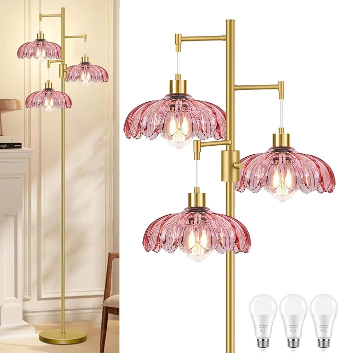 Gold Floor Lamps for Living Room-3 Light Dimmable Floor Lamp with Three Bulbs & Glass Lampshape, Mid Century Modern Standing Lamp Tree Tall Flower Floor Lamp for Bedroom Living Room,Corner