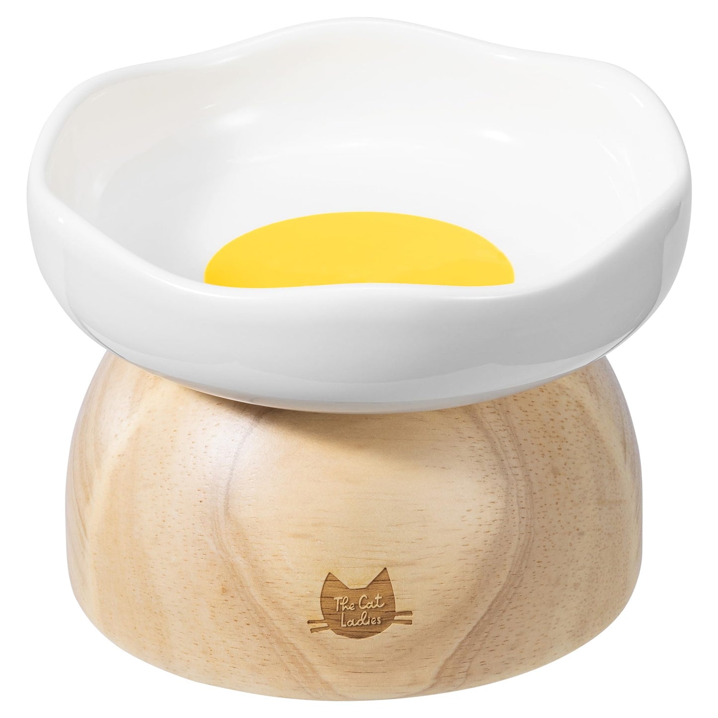 The Cat Ladies Egg Cat Food Bowl - Cute Cats Bowl - Elevated Ceramic Food Bowls - Ceramic Raised Food Bowls - Elevated for Spinal Alignment - Prevents Whisker Fatigue - Wood StandCat Bowl
