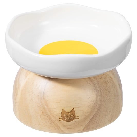 The Cat Ladies Egg Cat Food Bowl - Cute Cats Bowl - Elevated Ceramic Food Bowls - Ceramic Raised Food Bowls - Elevated for Spinal Alignment - Prevents Whisker Fatigue - Wood StandCat Bowl