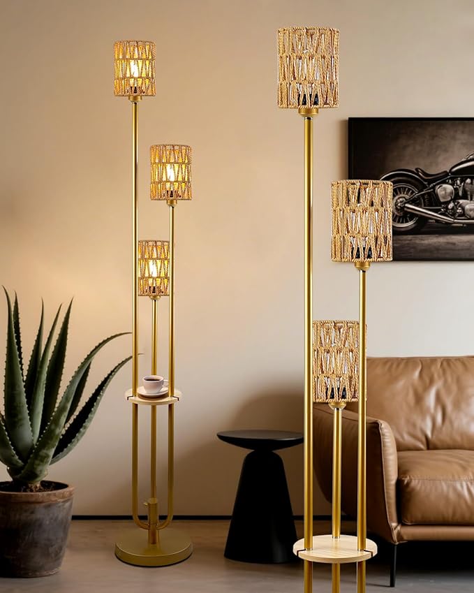 Lightdot Dimmable Boho Floor Lamps for Living Room, 3-Lights Rattan Floor Lamp with Shelves, Farmhouse Floor Lamp, Rustic Gold Standing Lamp with Warmwhite Bulbs Included for Sofa Beside/Corner Decor