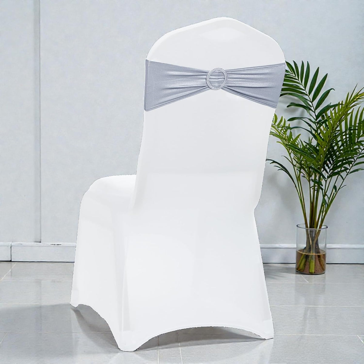 MDS Spandex Foil Chair Sashes - Universal Fit Elastic Stretch Bands with Buckle for Weddings | Metallic Silver, Pack of 150