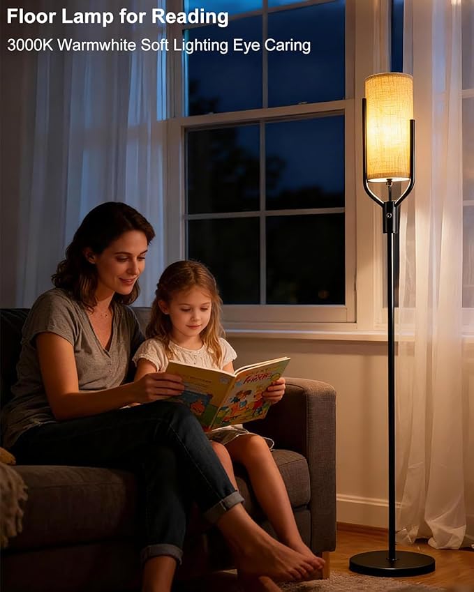 64.6IN Black Floor Lamp - Dimmable LED Floor Lamp with Linen Shade, 3000K Soft Warm White | Bulbs Included | Modern Tall Lamp for Living Room, Bedroom, Wedding & Party