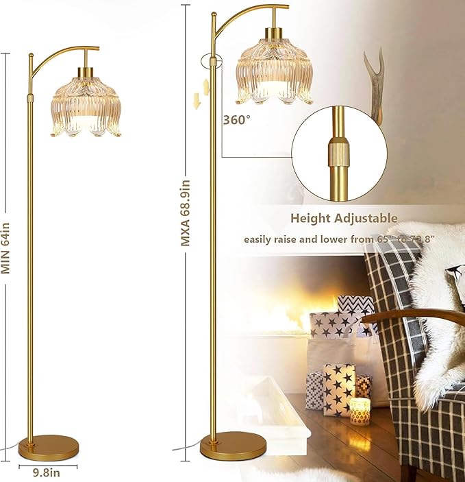 Flower Floor Lamp for Living Room,Bedroom,Gold Dimmable Standing Lamp with Remote,Glass Mid Century Modern Brass Tall Lamp Boho Floor Lamps Arc Stained Floor Light Lamp Bohemian