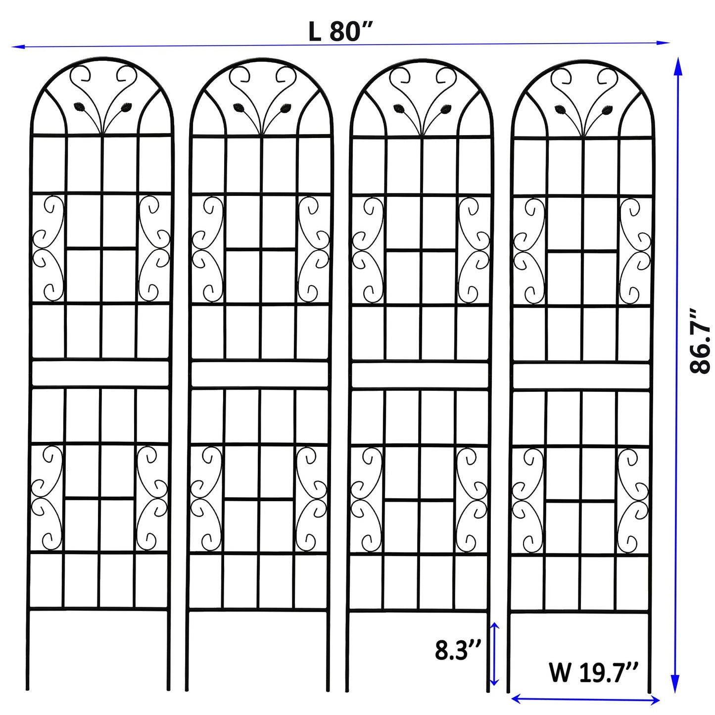 4 Pack Metal Garden Trellis 86.7" Tall Outdoor Climbing Plant Support for Roses, Flowers, Rustproof Durable Black Galvanized Tube, Lawn Garden Fence Decor Screen (4, Black curves-86.7" H)