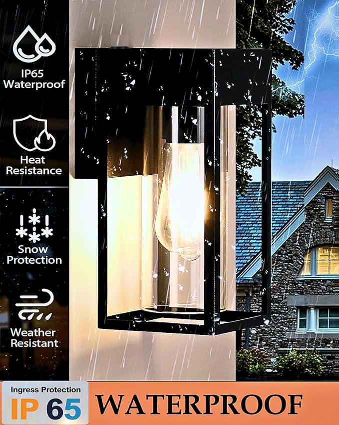 2-Pack Outdoor Wall Light Fixtures, Waterproof Exterior Wall Lanterns, Porch Lights with E26 Sockets & Cylinder Glass Shades, Modern Matte Black Wall Sconce for Porch Patio Garage