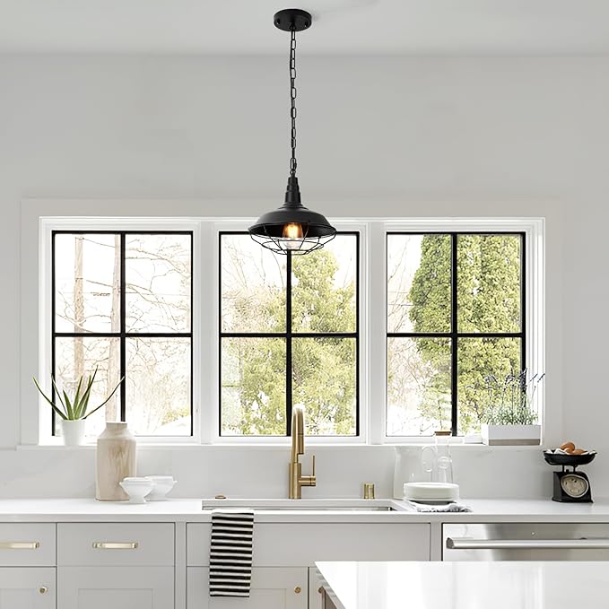 Black Pendant Light Kitchen Island 3 Pack, Farmhouse Pendant Light with Metal Wire Cage, Industrial Hanging Lights for Kitchen Sink Barn Dining Room