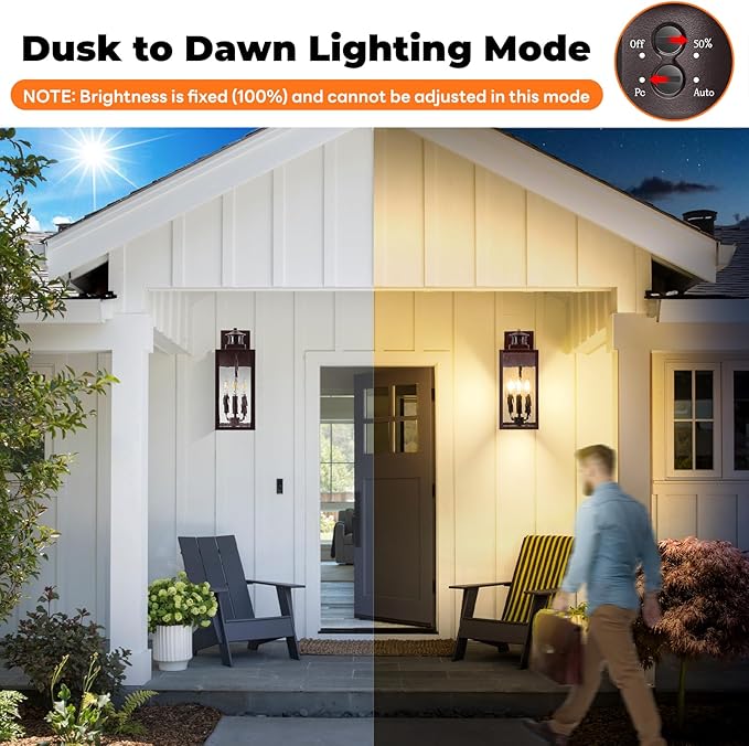3-Light Motion Sensor Outdoor Wall Light, Waterproof Exterior Wall Sconce Light Fixture with Water-Rippled Glass, Dusk to Dawn Brown Outside Wall Lantern for House, Porch, Patio,Bulbs Not Included