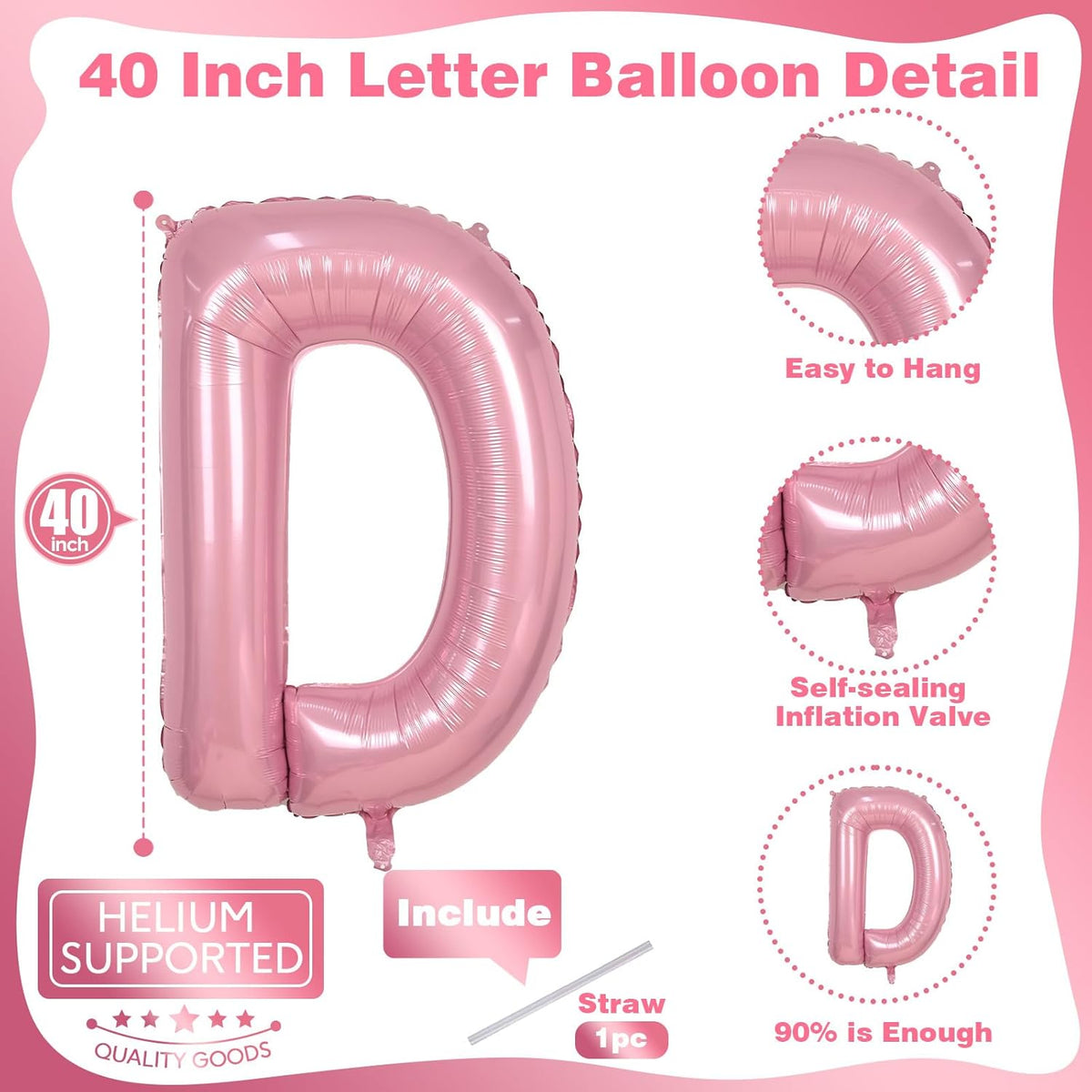 Pastel Pink D Balloon - 40 Inch Giant Mylar Foil Letter D for Girls' Birthday & Baby Shower Decorations