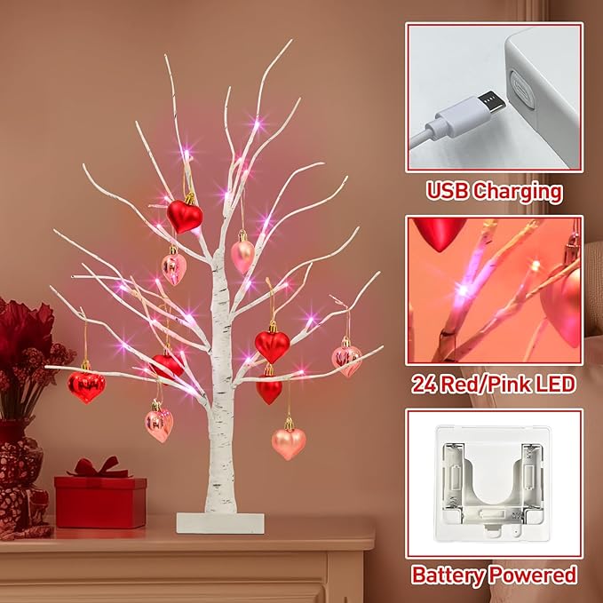 Valentines Day Decorations Birch Tree with Heart-Shaped Ornaments, Lighted Artificial Tree with 24 LED Pink&Red Lights, Light Up Tabletop Trees USB&Battery Operated for Home Indoor Table (2Pack 2Ft)