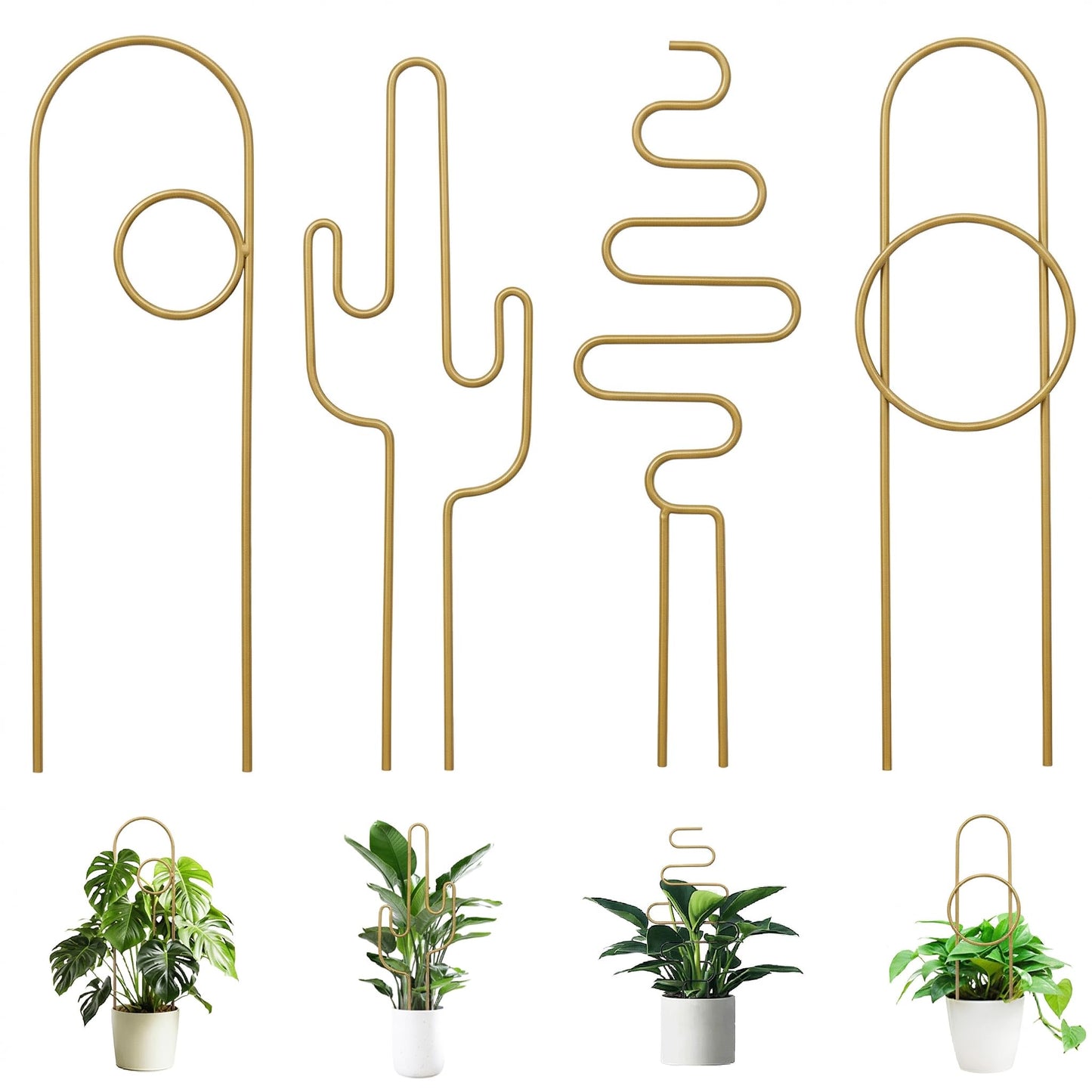 Small Plant Trellis for Climbing Plants Indoor - 13.8 Inch Trellis Indoor with Different Patterns for Vine Ivy Flower Plant Support, Metal Garden Trellis for Potted Plants, Set of 4 (Gold)