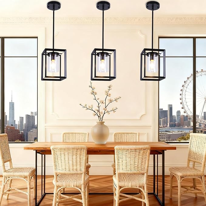 COTULIN 3 Pack Black Pendant Lights for Kitchen Island, Farmhouse 1-Light Iron Cage Metal Hanging Light with Clear Glass Shade, Industrial Lighting Fixtures for Living Room Bedroom Hallway Foyer