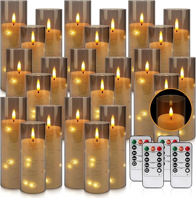 24 Pack Christmas Decoration Flickering Flameless Candles,Battery Operated Candles,LED String Lights LED Candles for New Year, Home Decor, Parties,Wedding(D2.2 xH 5" 6" 7") (Grey)