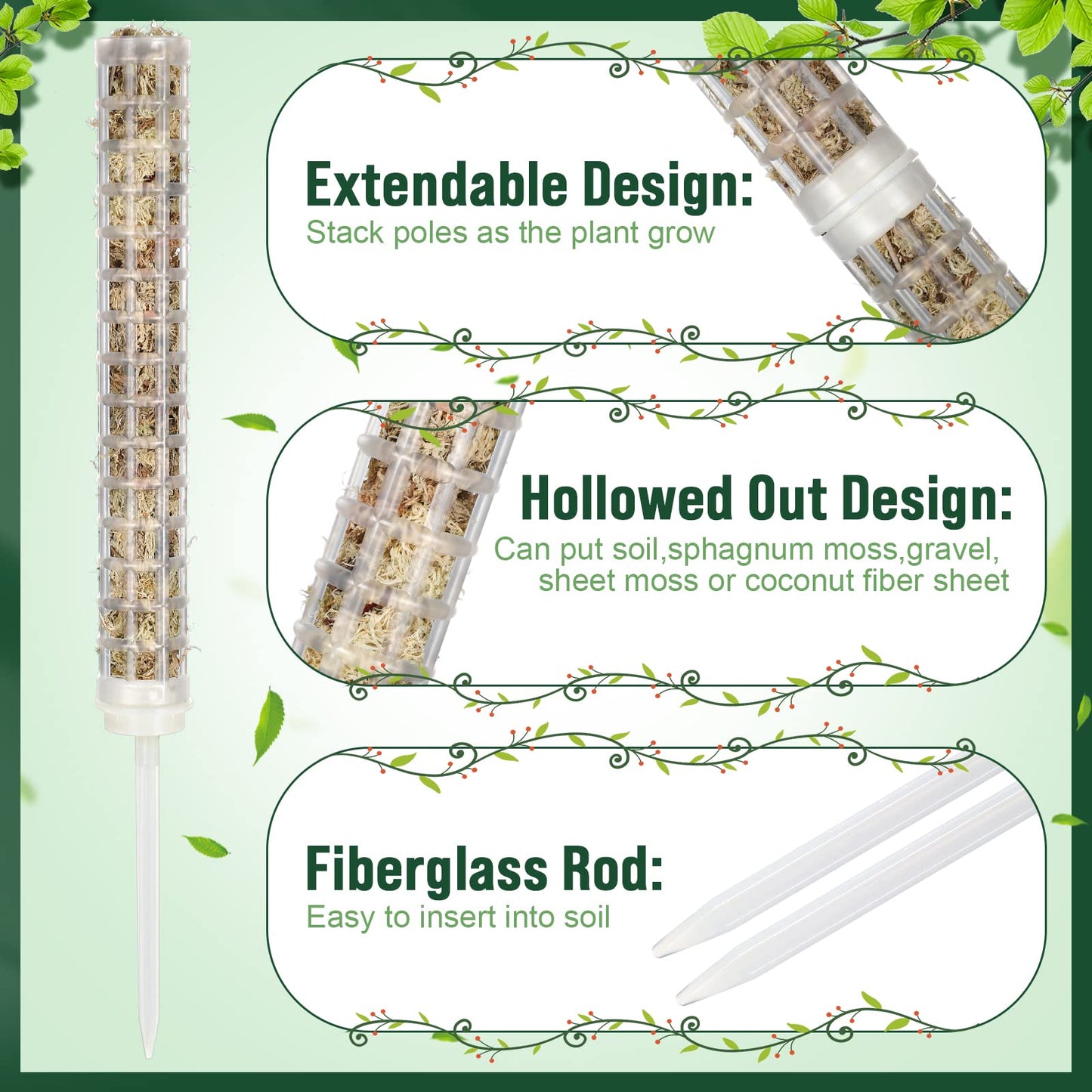 20 Pcs 15 Inch Plastic Moss Pole for Plants Monstera Moss Totem Pole Stick Plastic Monstera Plant Support 10 Pcs Plant Labels 4 Pcs 6.56 Ft Green Plant Ties Gardening Tape for Climbing Plants Creepers
